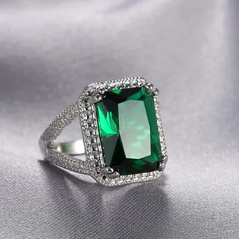 Vintage 100% striebornej farbe Svadby Angažovanosti Žien Prsteň s veľkým námestie green crystal prstene, Šperky Veľkoobchod