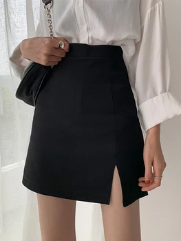Vysoký pás chudnutie split sukne ženy 2021 jar a na jeseň nový dizajn zmysel pre čierny oblek a-line krátke sukne