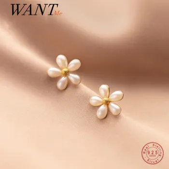 WANTME 925 Sterling Silver Romantický Pearl Sladké Kvetinové Stud Náušnice pre Ženy Móda kórejský Elegantné 18K Pozlátené Šperky Darček