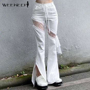 Weekeep Kawaii Čipky Patchwork Džínsy Ženy Vysoký Pás Obväz Split Sexy Džínsové Nohavice Kórejský Štýl Streetwear Bežné Y2k Nohavice
