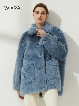Wixra Ženy Z Ovčej Vlny Kabát Dámske Zimné Singel Svojim Pravé Kožušiny Outwear Bunda Nadrozmerná Teplé Luxusný Kabát