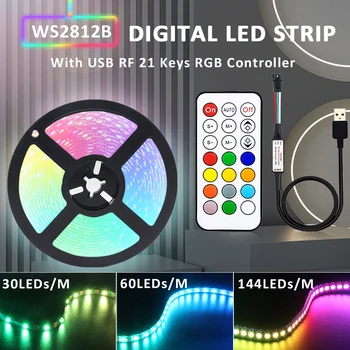 WS2812B USB RGB IC LED Pásy Lampa Vodotesný LED Čip 5V DC Páse s nástrojmi Digitálne Farebné Pásky 5050 SMD RF 21key Diaľkové ovládanie Auta
