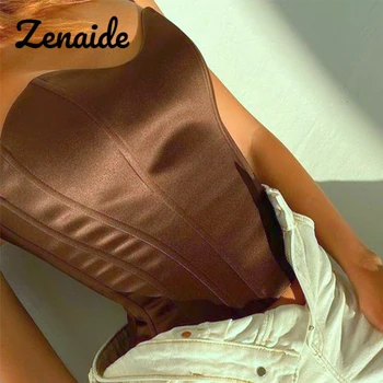 Zenaide Bez Ramienok Sexy Saténový Korzet Top Hnedé Ženy Oblečenie Mimo Ramenný Bustier Lete 2021 Streetwear Oblečenie Orezať Začiatok