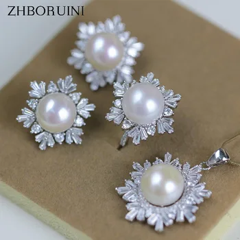 ZHBORUINI 2019 Módne Šperky Set Pearl Prírodné Perly Snowflake 925 Sterling Silver Náhrdelníky Náušnice, Prívesok, Prsteň Pre Ženy