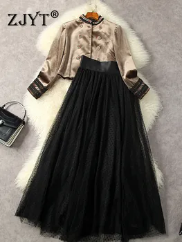 ZJYT Luxusné Dizajnér Vintage Velúrové Sako a Dlhé Sukne Set 2 Ks Elegantné Ženy Vysoký v strede zúžený Oka Šaty, Oblek Strany Oblečenie