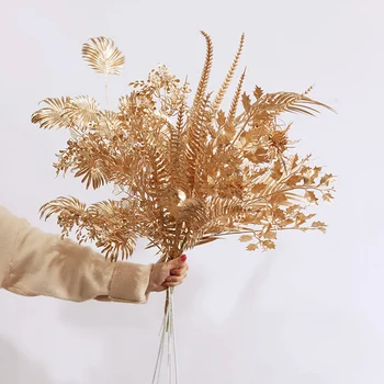 Zlato -Tón Série Plastové Umelé Kvety 5 Vidlica Eukalyptu Ginkgo Leaf Mince List Srdce Trávy Svadobné Festival Dekorácie