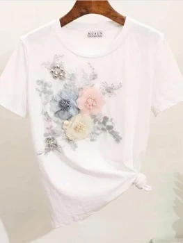 Čistá Bavlna Topy Sladké Kvetinové Výšivky T Shirt Ženy Letné Krátke Rukáv Top Fashion Kórejský Lištovanie, T Košele Voľné Tees Biela