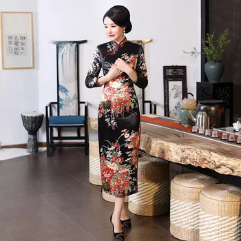 Čínsky Národný Cheongsam Ženy Dlhé Šaty S Dlhým Rukávom Vintage Šaty