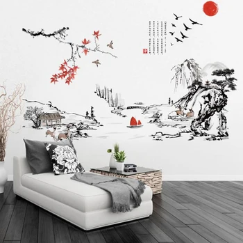 Čínsky štýl, Atramentová maľba krajiny umenie Samolepky na stenu Obývacia izba, Spálňa pozadie pre domáce dekorácie nástenná maľba Obtlačky tapety