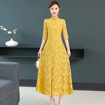 Ženy AoDai Čipky Cheongsam Qipao Čínske Šaty Dlhé QiPao 2020 Jeseň Polovičný Rukáv Ročníka Elegantné Šaty Qipao Plus Veľkosti 4XL