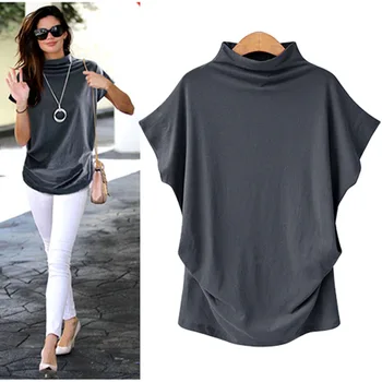 Ženy Bavlna Bežné Turtleneck Krátke Batwing Rukáv tričko Tričko Plus Veľkosť Top 5xl