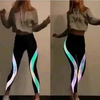 Ženy, Fitness Nohavice Nové Módne Reflexné Pásky Laserovú Tlač Nočný Beh Športové Nohavice Vysoký Pás Elastické Legíny