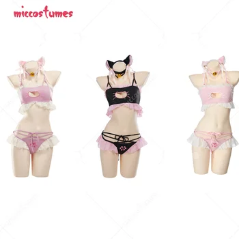 Ženy Multicolor Cat Girl Rozstrapatené Štýl Bikini Set Home Nosenie Lingeries Cosplay Kostým Oblečenie s Náhrdelník a Headdress