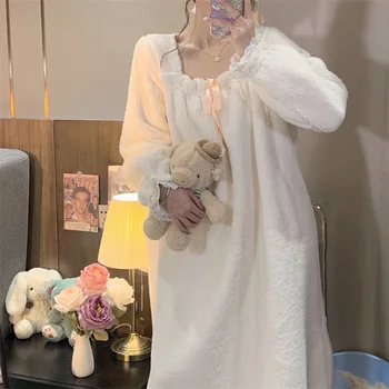 Ženy Nightgown Biele Dlhý Rukáv Prehrabať Námestie Krku Čipky Flanelové Domov Šaty Voľné Bežné Spánku Šaty Šaty, Oblečenie Pre Voľný Čas Kimono