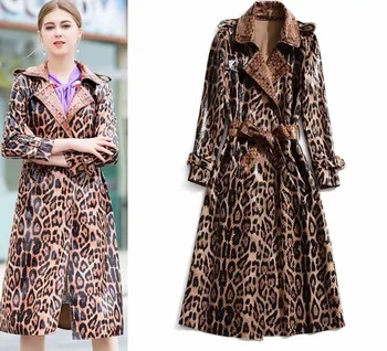 Ženy Slim Leopard Tlač Faux Kožené Dlhá Bunda Žena Office Dámy Jar Jeseň Dlho PU Kabát Windbreaker Oblečenie