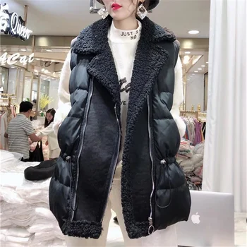 Ženy Vesta Jahňacie Kožušiny Dole Bavlna Kabát Na Jeseň V Zime Teplé Bežné Vesta Dámy Kórejský Bez Rukávov Voľné Outwear Colete Feminino